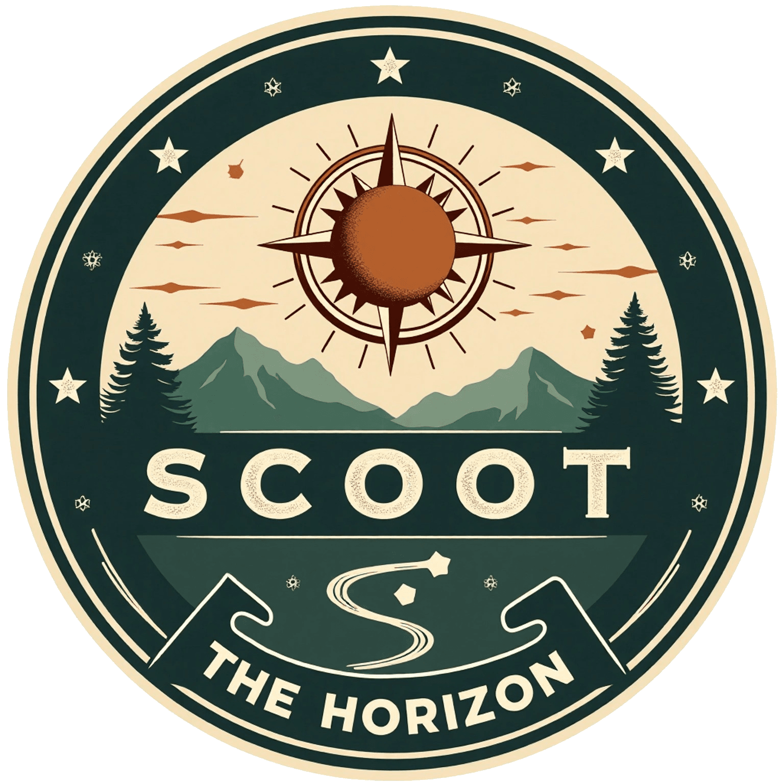 Travel blog logo with compass sun mountains and trail