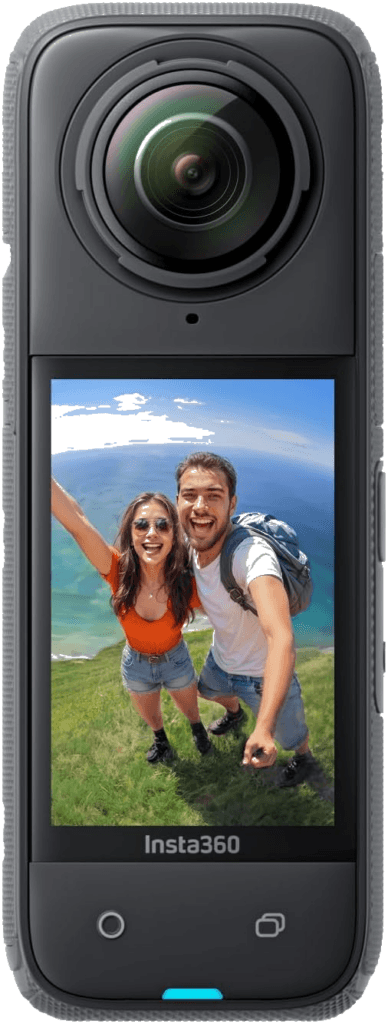 An Insta360 X4 action camera with an extended selfie stick, best travel gear for drone-like 360 video.