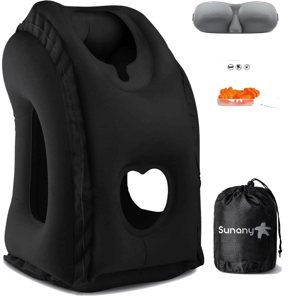 A large inflatable forward-leaning travel pillow with a face hole, the best travel gear for tray-table sleeping.
