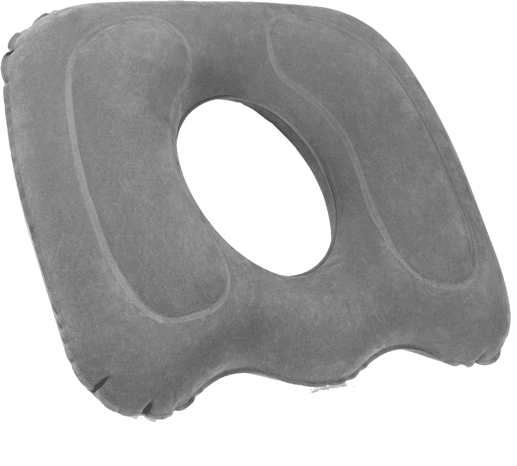 An inflatable ring-style seat cushion used as travel equipment to improve comfort on long-haul flights.