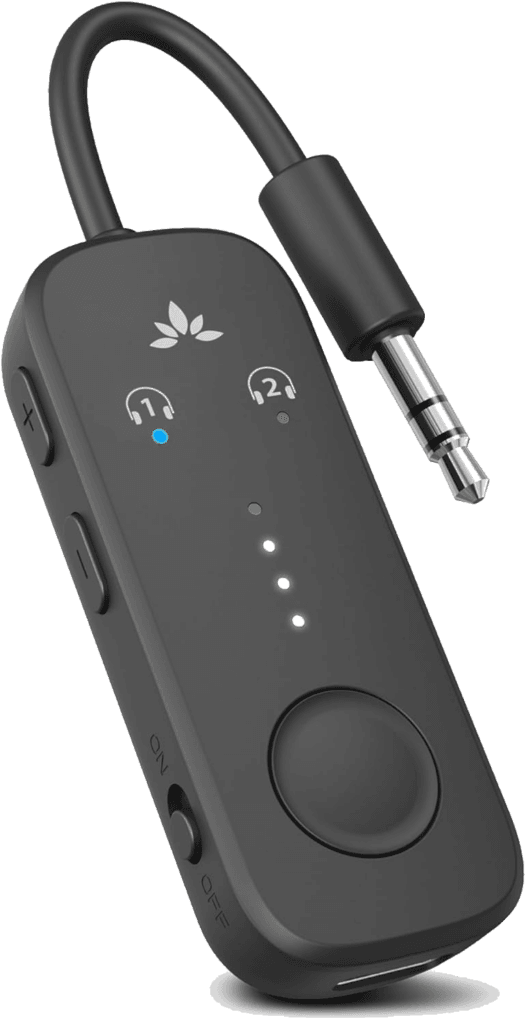 The Avantree Relay Bluetooth transmitter, essential travel gear for using wireless headphones with airplane entertainment.
