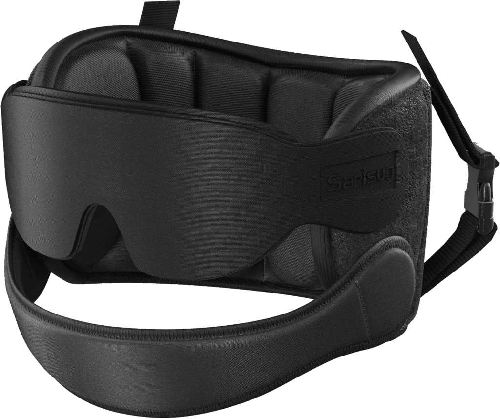 A travel pillow sleep mask with chin support for sleeping upright on planes