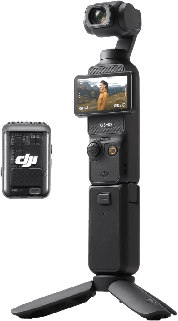 The DJI Osmo Pocket 3 Creator Combo, top-rated travel equipment for stabilized 4K vlogging.