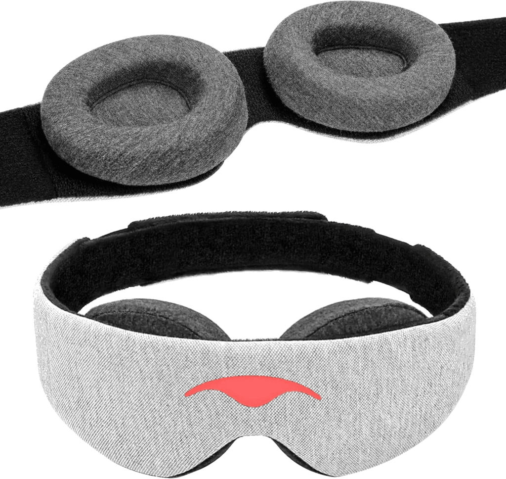 A Manta Sleep Mask with adjustable eye cups, the best travel gear for achieving 100 percent blackout sleep.