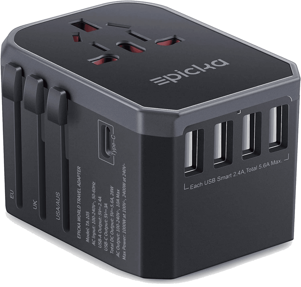 An EPICKA universal travel adapter with multiple USB ports and an extra-long charging cable.