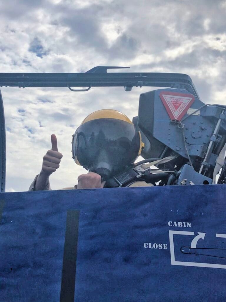 Scoot giving a thumbs up from the cockpit during his fighter jet experience in Riga.