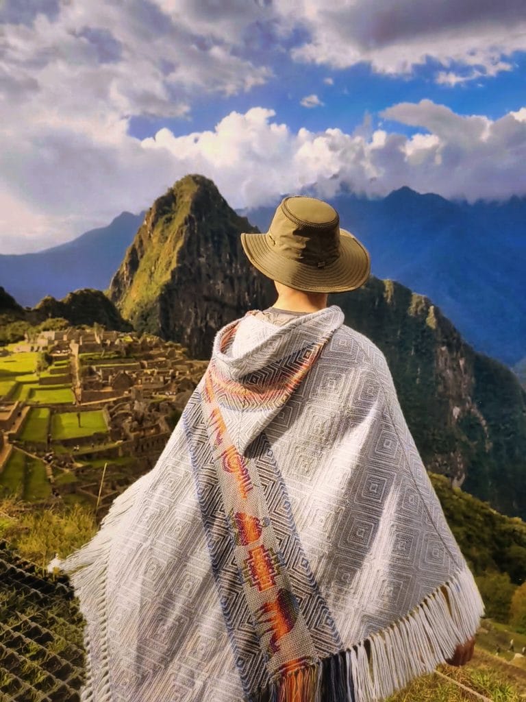 Exploring Machu Picchu in traditional Peruvian dress
