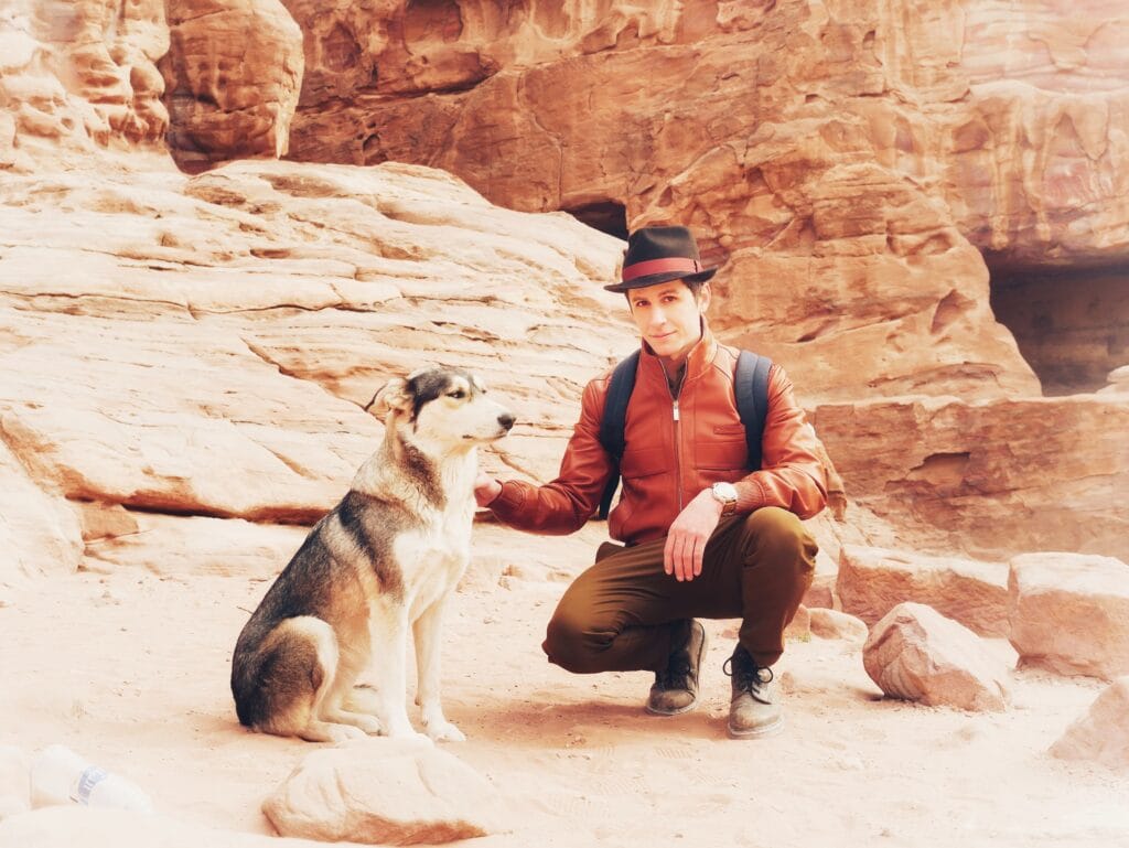 Scoot with a dog in Petra, Jordan