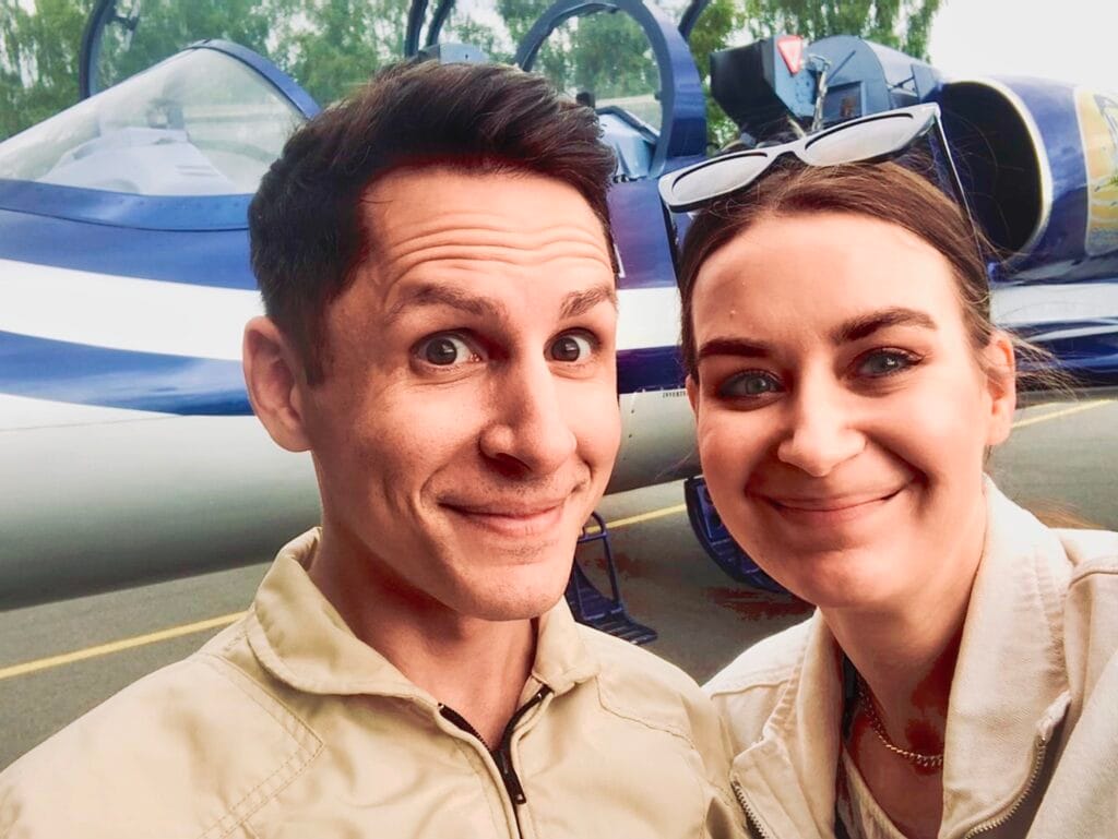 Scoot and Z taking a selfie in front of the L-39 Albatros jet at Jurmala Airport.