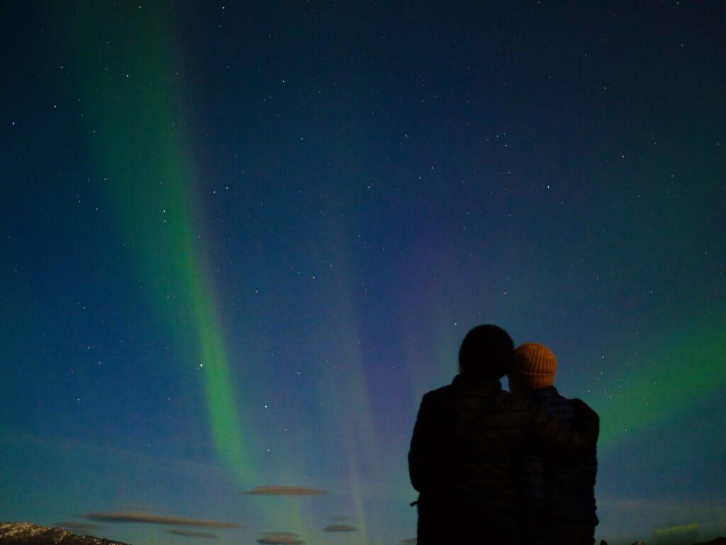 Scoot and Z silhouetted against the green nothern nlights in tromso, Norway