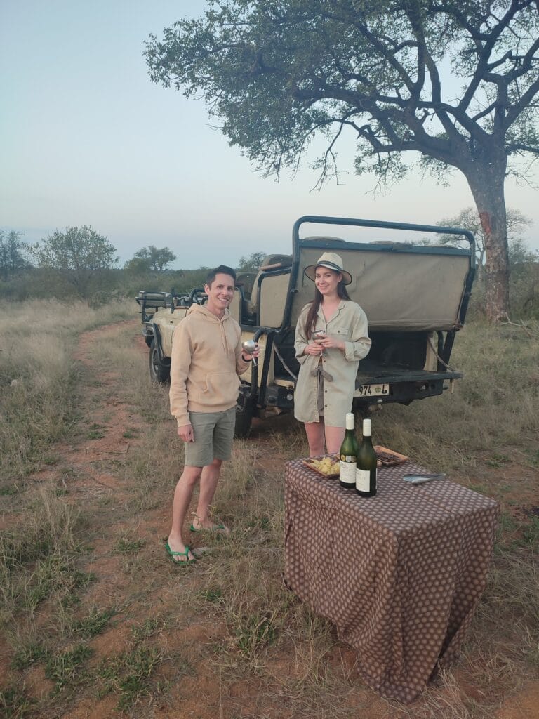 Sundowners on safari in the bush of Kruger National Park
