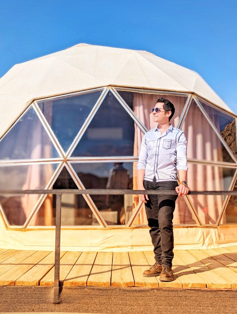 Scoot in front of Wadi Rum martian tent acomodation Jordan